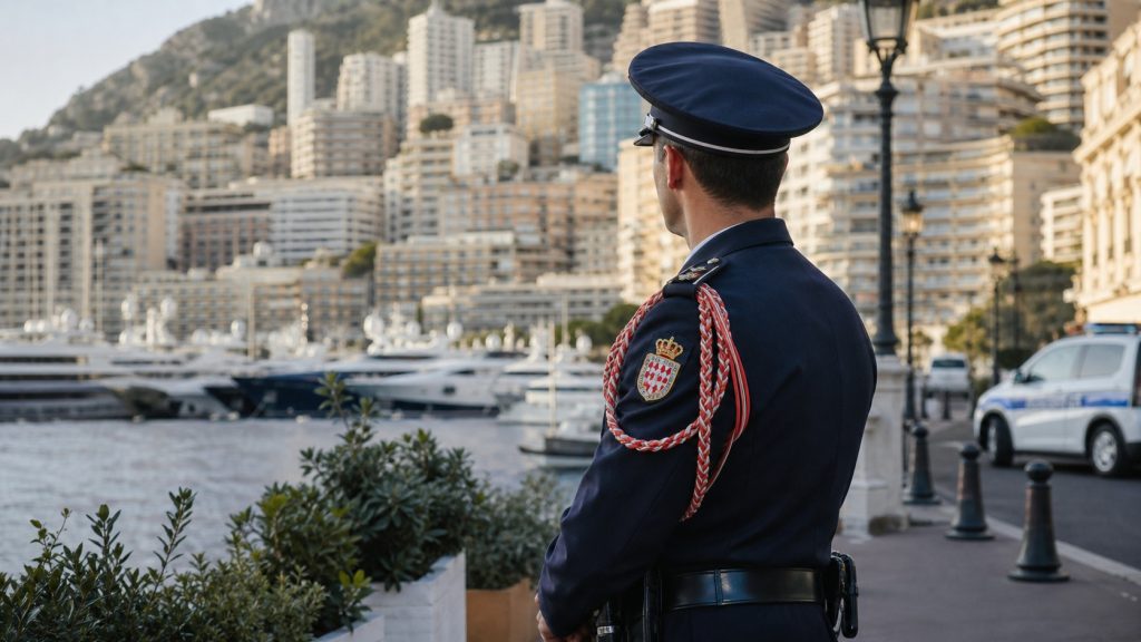 Policier monégasque en uniforme devant le port de Monaco au lever du jour