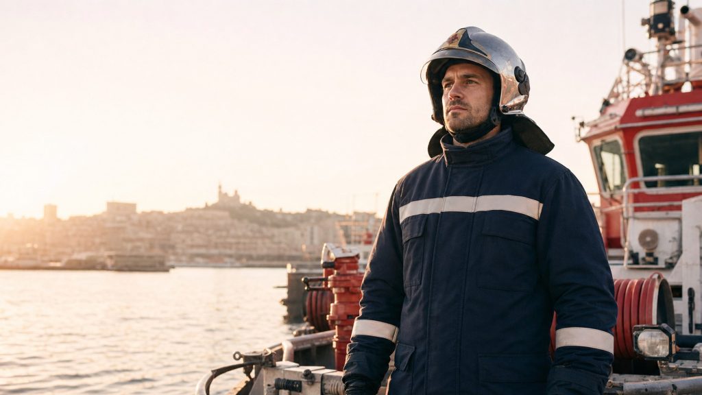 Marin-pompier en uniforme sur le pont d’un bateau de secours dans le port de Marseille au lever du jour