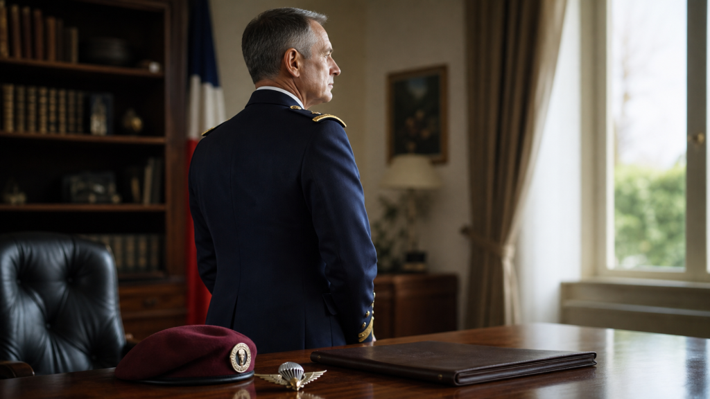 Général fictif très gradé de l’armée de Terre dans un bureau militaire, avec béret parachutiste et insigne aéroporté sur un bureau.