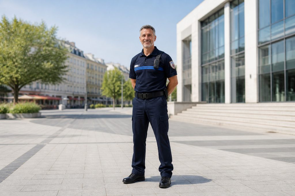 Policier municipal souriant en ville