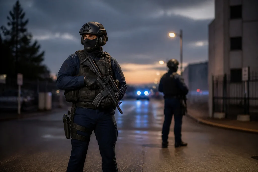 Gendarmes en patrouille au crepuscule