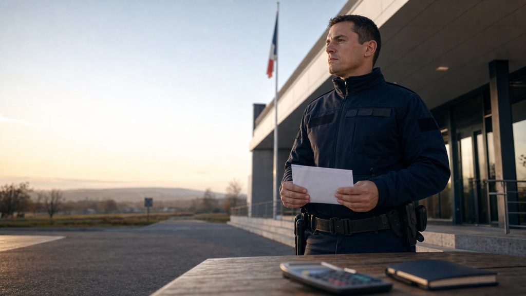 Gendarme réserviste en uniforme devant une brigade, avec une enveloppe de paie et une calculatrice, pour illustrer la rémunération des réservistes.