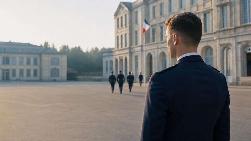 Candidat officier de gendarmerie devant une académie française au petit matin