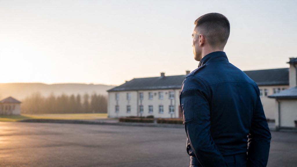 Futur gendarme en uniforme vu de dos devant un centre de formation au lever du jour
