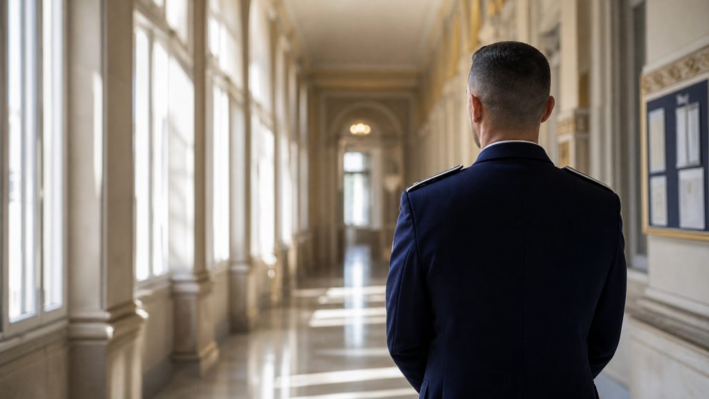 Sous-officier de la gendarmerie vu de dos dans un couloir institutionnel lumineux, illustration du guide sur la grille indiciaire.