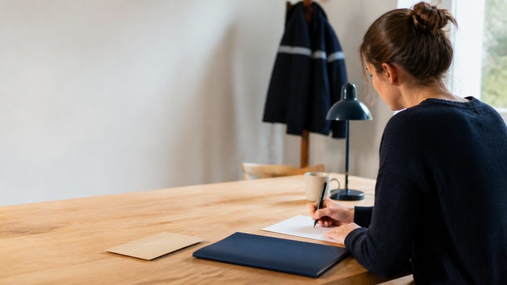 Candidate rédigeant une lettre de motivation pour devenir réserviste de la gendarmerie, avec uniforme bleu marine en arrière-plan
