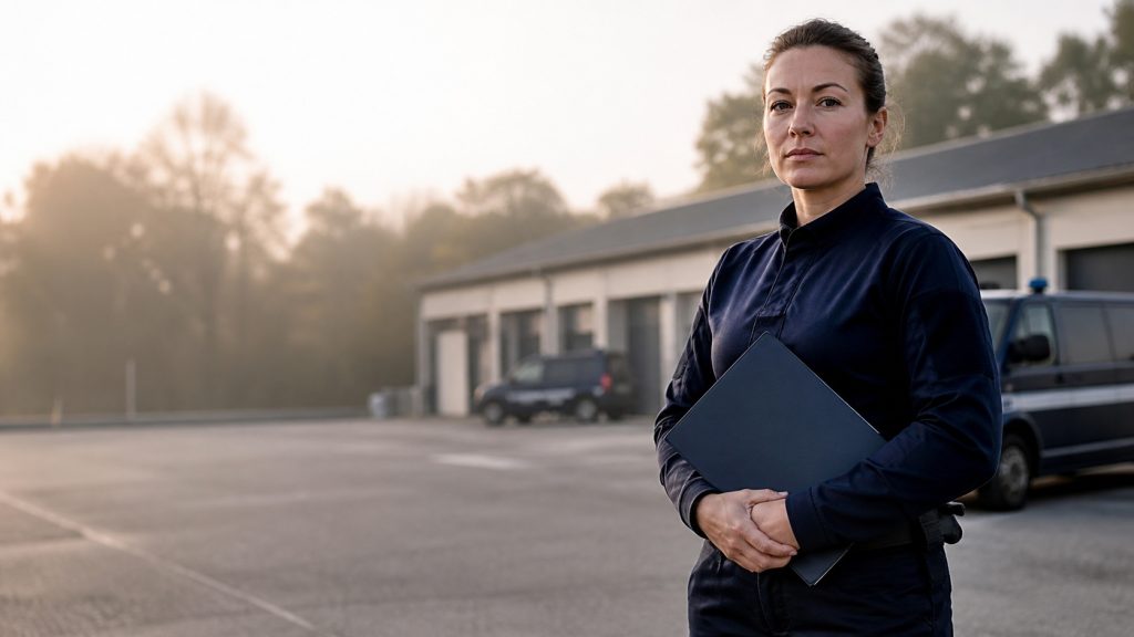 Réserviste en tenue bleu marine tenant un dossier devant un centre de formation, illustration de la rémunération des réservistes de la gendarmerie