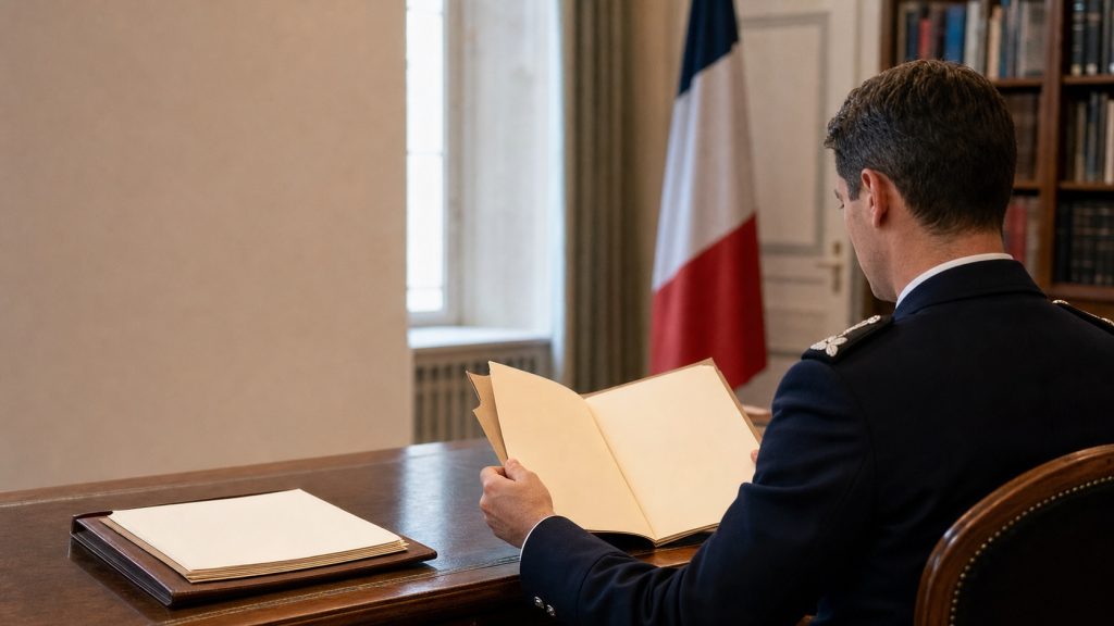 Officier de gendarmerie en uniforme consultant un dossier d’avancement dans un bureau institutionnel français