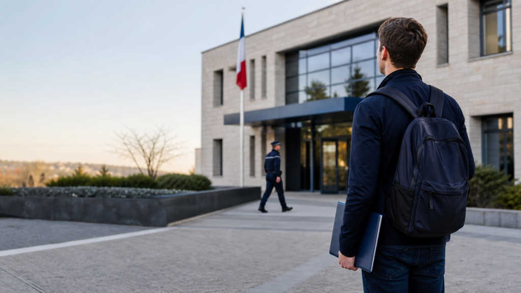 Jeune candidat devant une brigade de gendarmerie française, illustrant les voies scolaires pour devenir gendarme