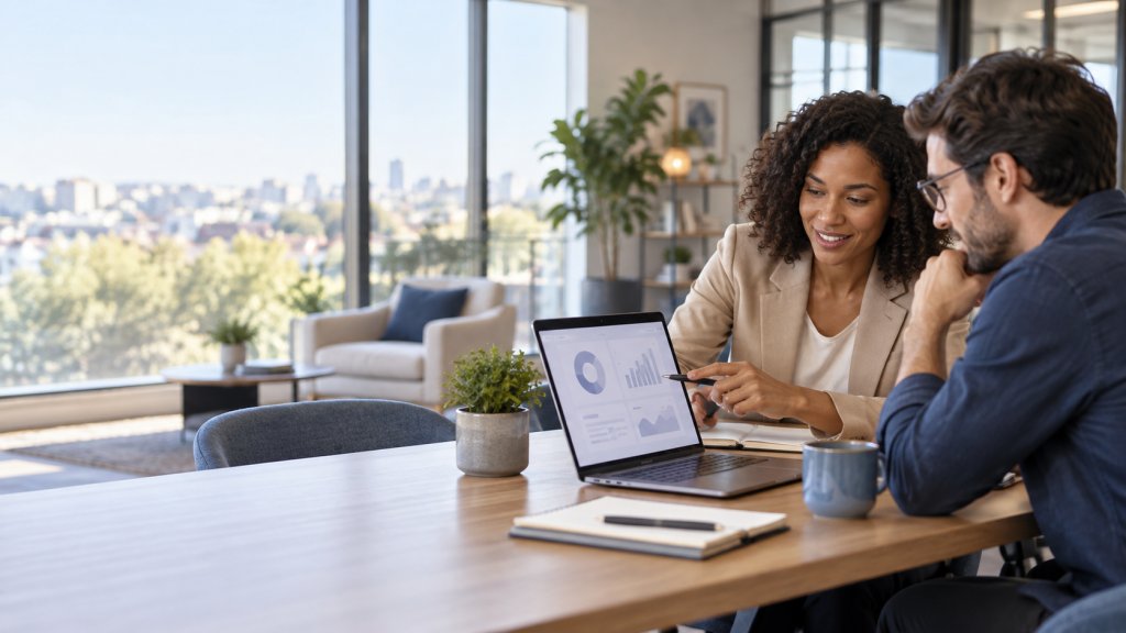 Manager et collaboratrice devant un ordinateur pendant un entretien professionnel